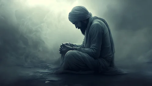 Solitary turbaned figure in mistlit contemplative silence.