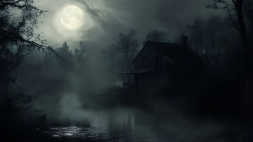 Moonlit fog coils around a lonely cabin by the lake.