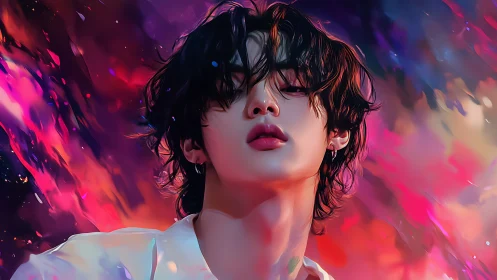 Dreamy portrait amid swirling neon twilight hues.