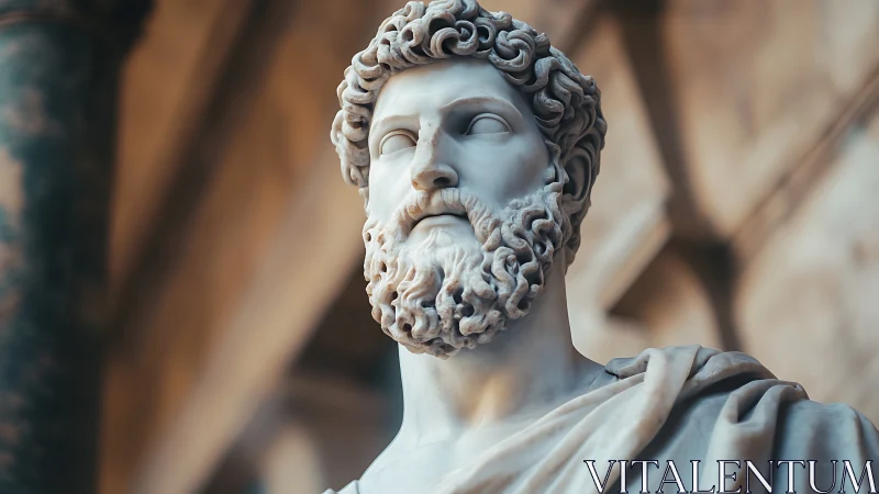 Marble bearded Roman statue gazes upward in soft light.