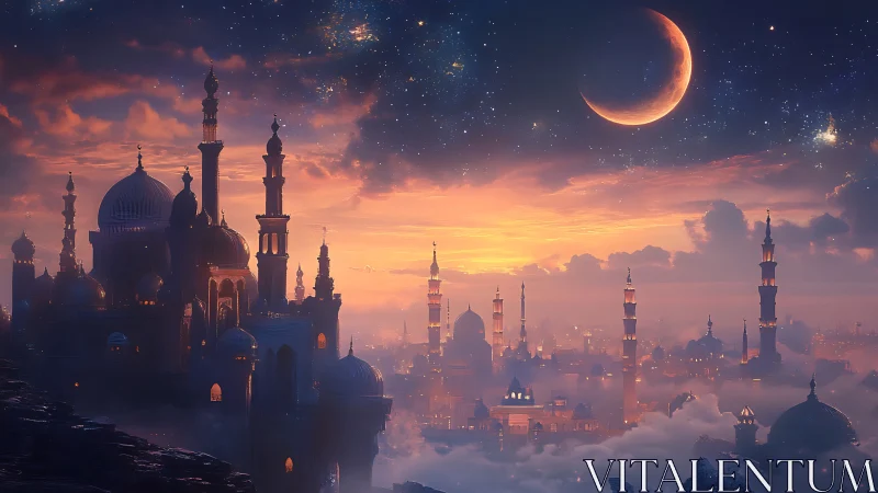 Luminous crescent over misty domed fantasy skyline at dusk.