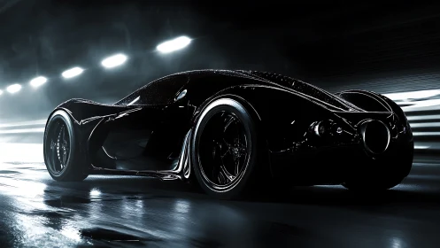 Midnight hypercar slices wet tunnel with razor reflections.