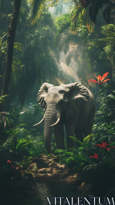 Solitary elephant stands in dappled light within dense rainforest