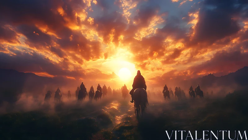 Sunbound riders crossing a mist-lit valley of ember clouds.