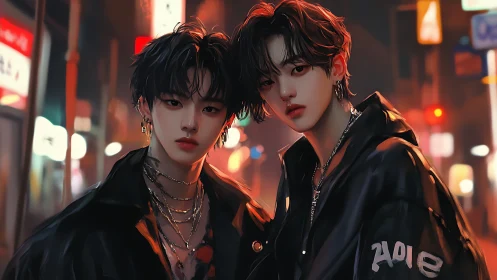 Two youths in black jackets on city street at night.