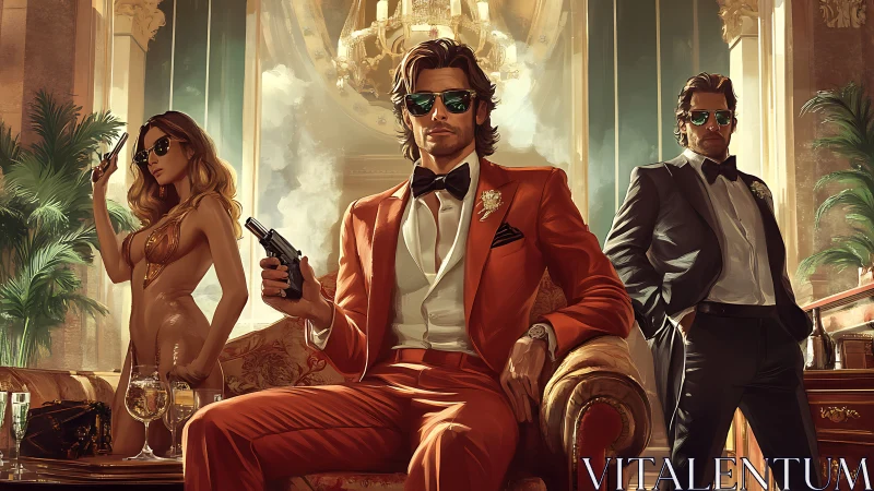 Suave crime boss lounges with armed entourage in opulence.