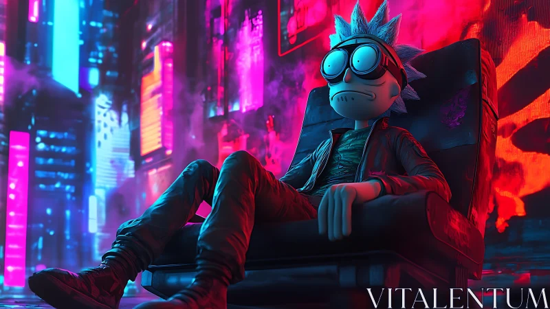 Cartoon scientist lounges in neon cyberpunk city scene