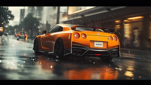 Orange sports car cuts through rainy neon city streets at speed