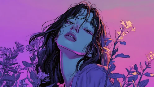 Neon dusk portrait with blue-skinned woman among flowers.