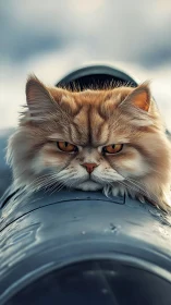 Fluffy Cat Resting on Industrial Metal Pipe