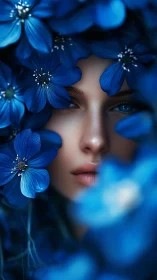 Digital portrait of woman framed by vivid blue flowers.