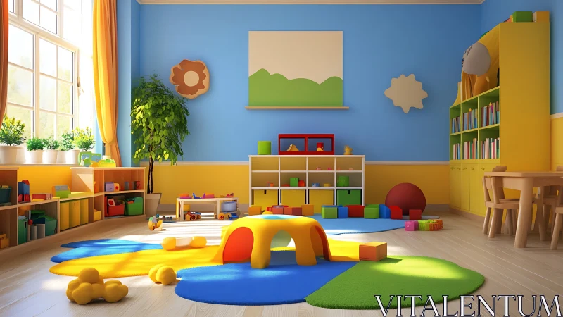 Organized kindergarten playroom with colorful furniture and toys.