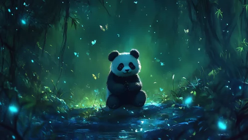 Panda sitting in glowing forest clearing with butterflies.