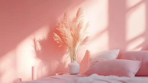 Soft monochrome bedroom still life with pampas composition.