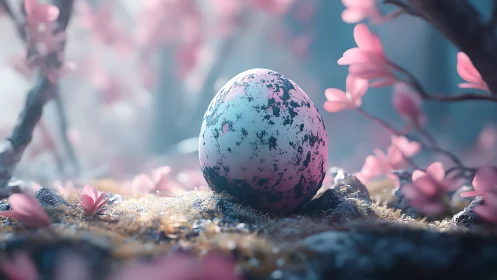 Mystic speckled egg rests in glowing blossom forest