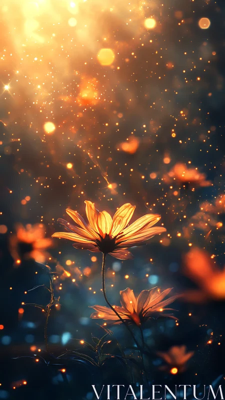 Backlit orange wildflowers under volumetric bokeh light field
