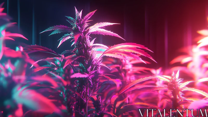 Cannabis plants stand under contrasting magenta and cyan light