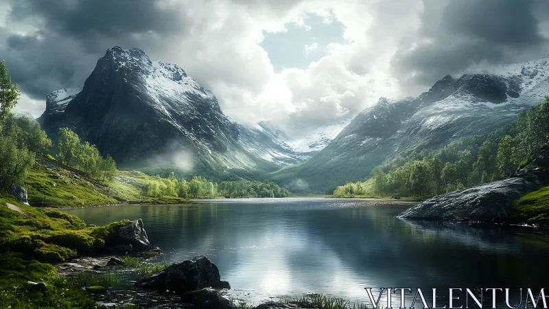Digital painting alpine lake panorama with glacial massif.