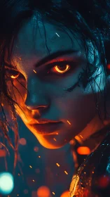 Cyborg woman close-up with glowing orange eyes in neon light.