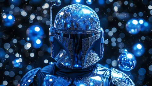 Galactic blue armored wanderer in shimmering starlight.