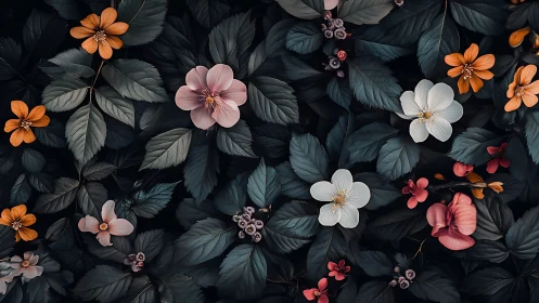 Jeweled Garden: Blooms Dance Through Shadowed Emerald Canvas