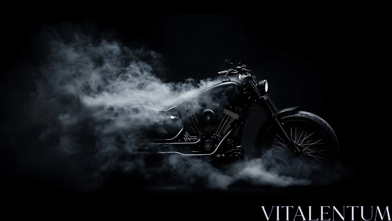 Midnight motorcycle rolls through swirling mist and shadow