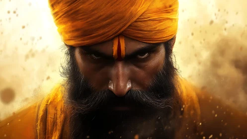 Intense bearded man in orange turban with fierce stare.