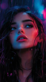 Neon rain traces desire across a contemplative young face.