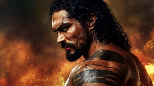 Long-haired male figure stands before diffuse fire backdrop