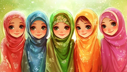 Five Smiling Girls in Colorful Hijabs, Whimsical Anime Style.