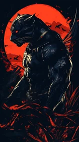Black panther humanoid stands before red circular background