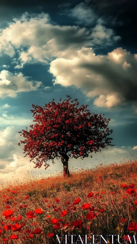 Solitary red tree on flowered hillside under brooding sky.