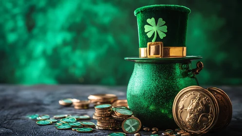 Glittering emerald pot and clover hat with golden coins.
