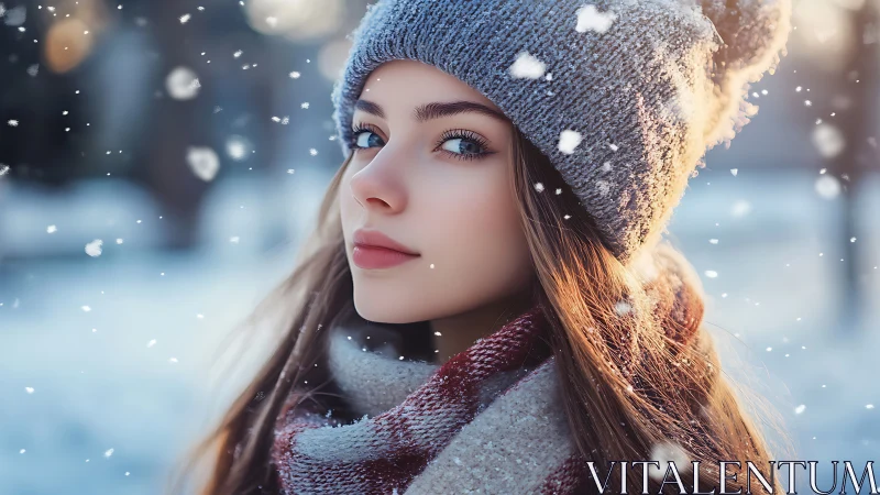 Photorealistic winter portrait with shallow depth of field.