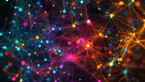 Neon network of glowing nodes and lines on dark background.