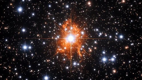 Central luminous star with surrounding orange gas cloud field.