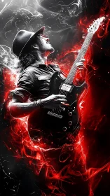 Guitar inferno ignites a lone rocker in wild red smoke.
