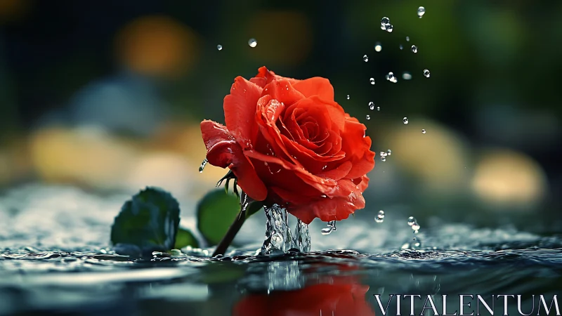 Red rose bloom experiencing dynamic water collision with crystalline droplet suspension