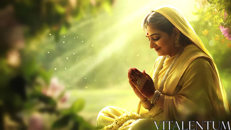 Elderly Indian woman in yellow saree praying outdoors, soft sunlight.