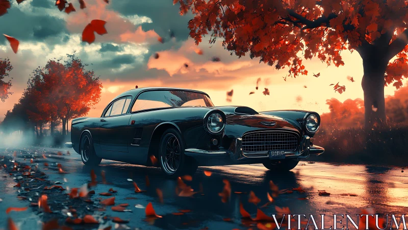 Vintage car glides through a glowing autumn storm of leaves