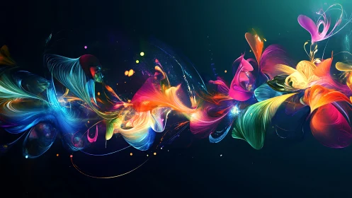 Abstract multicolored light trails on dark gradient background.