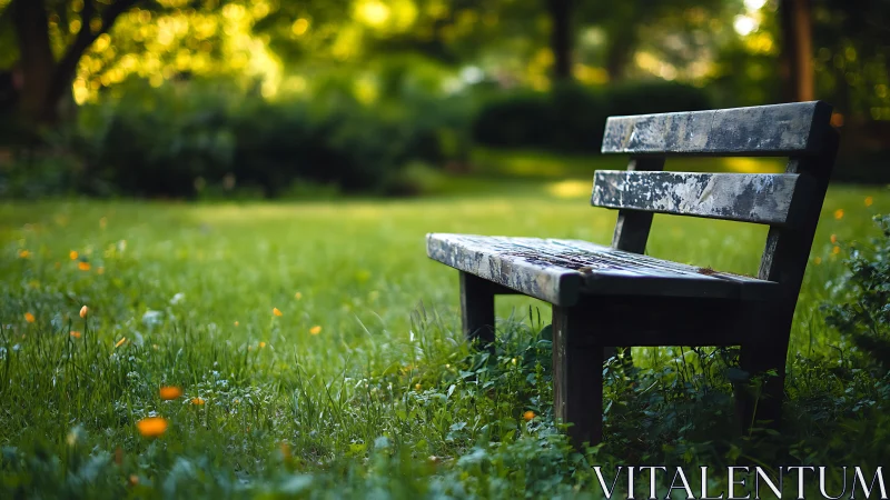Photorealistic rustic park bench in shallow depth of field.