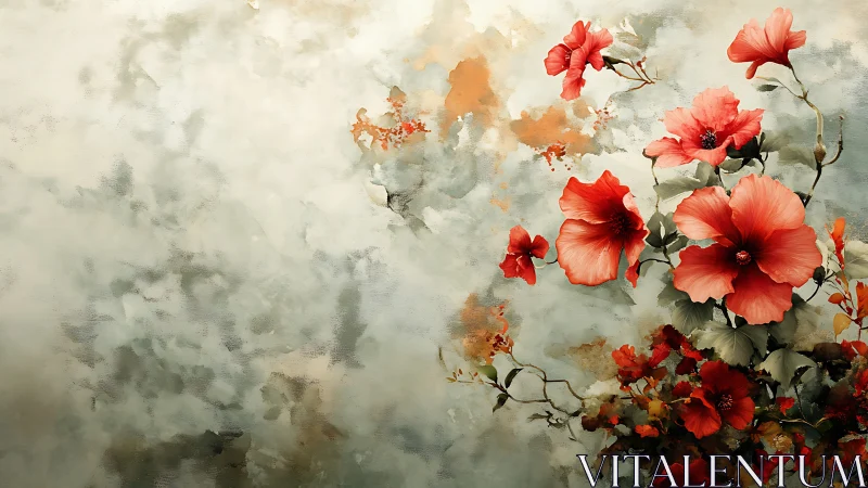 Crimson Blooms Dance Through Ethereal Mist.