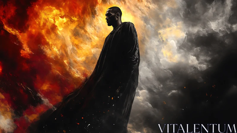 Solitary cloaked figure amid divided fiery and dark sky.