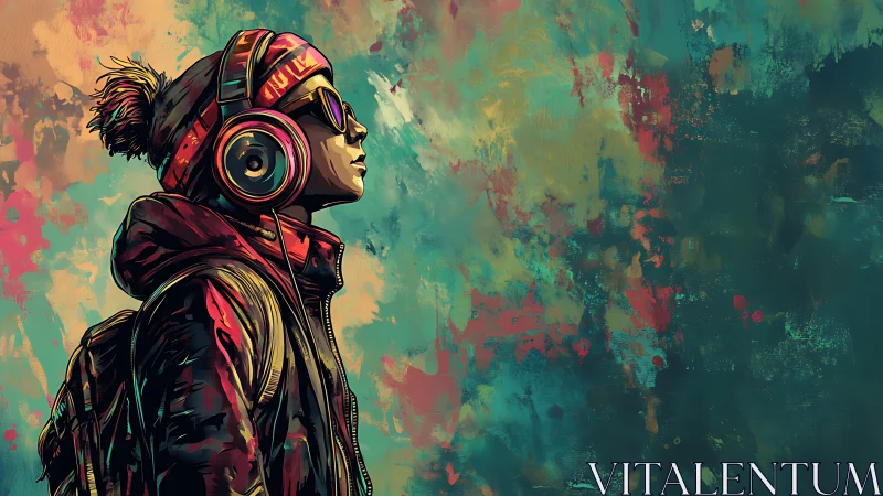 Urban listener in profile against abstract chromatic soundscape