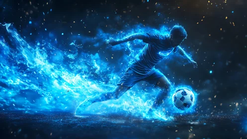 Soccer player charged with electric blue energy during sprint