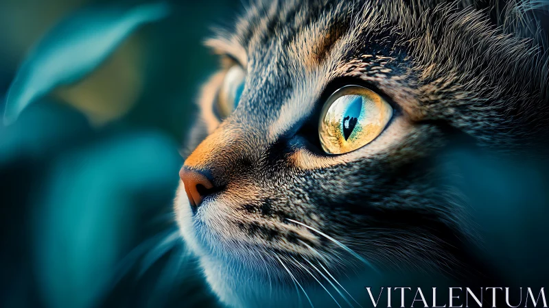 Luminous Gaze: Tabby Cat's Piercing Amber Eyes in Turquoise