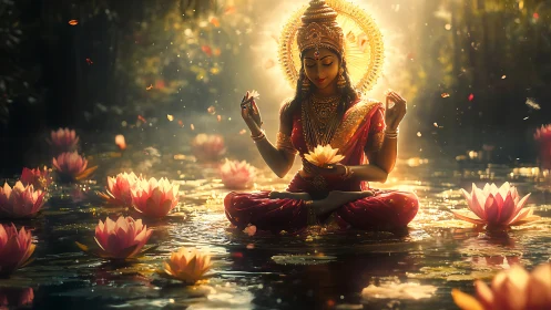 Radiant lotus deity in volumetric dusk illumination on water.