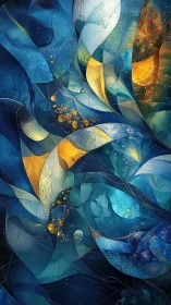 Layered blue and yellow abstract forms in curved composition.