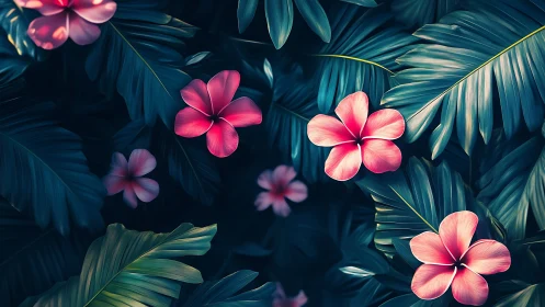 Tropical Plumerias Bloom Among Teal Palm Leaves.